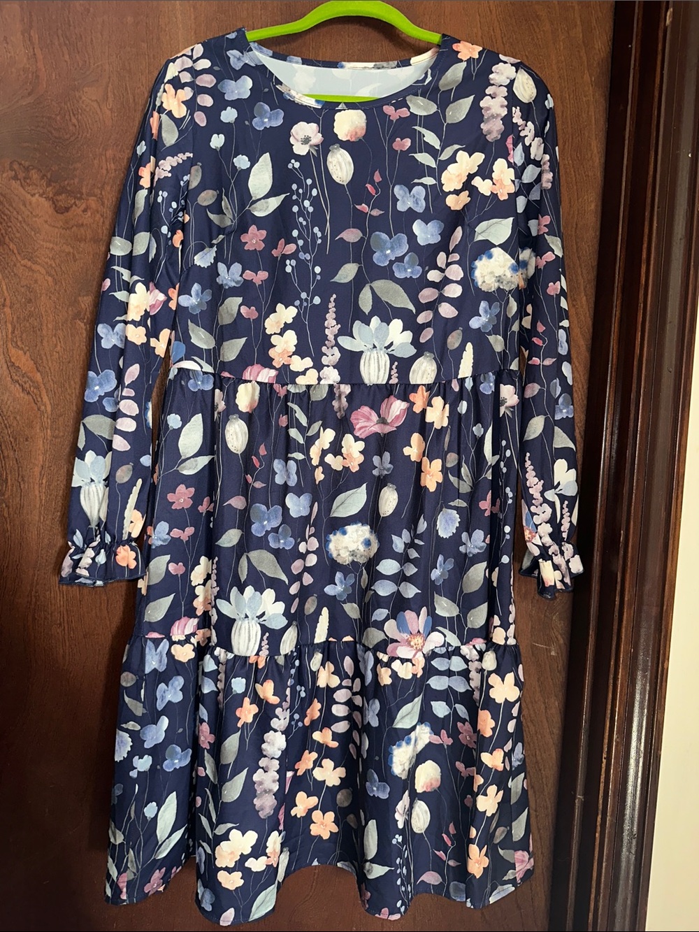 Amazon Navy Floral Long Sleeve Tiered Dress S p2p 19 x L 39